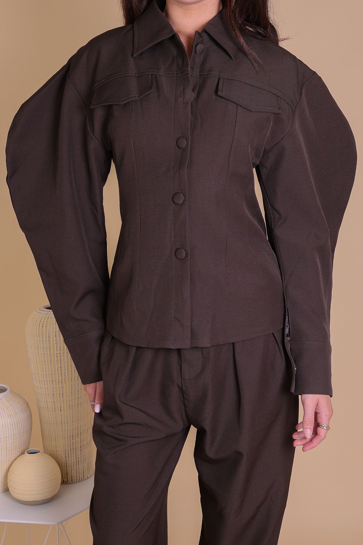 Women Brown Structured Puff Sleeve Jacket and Tapered Trouser Set