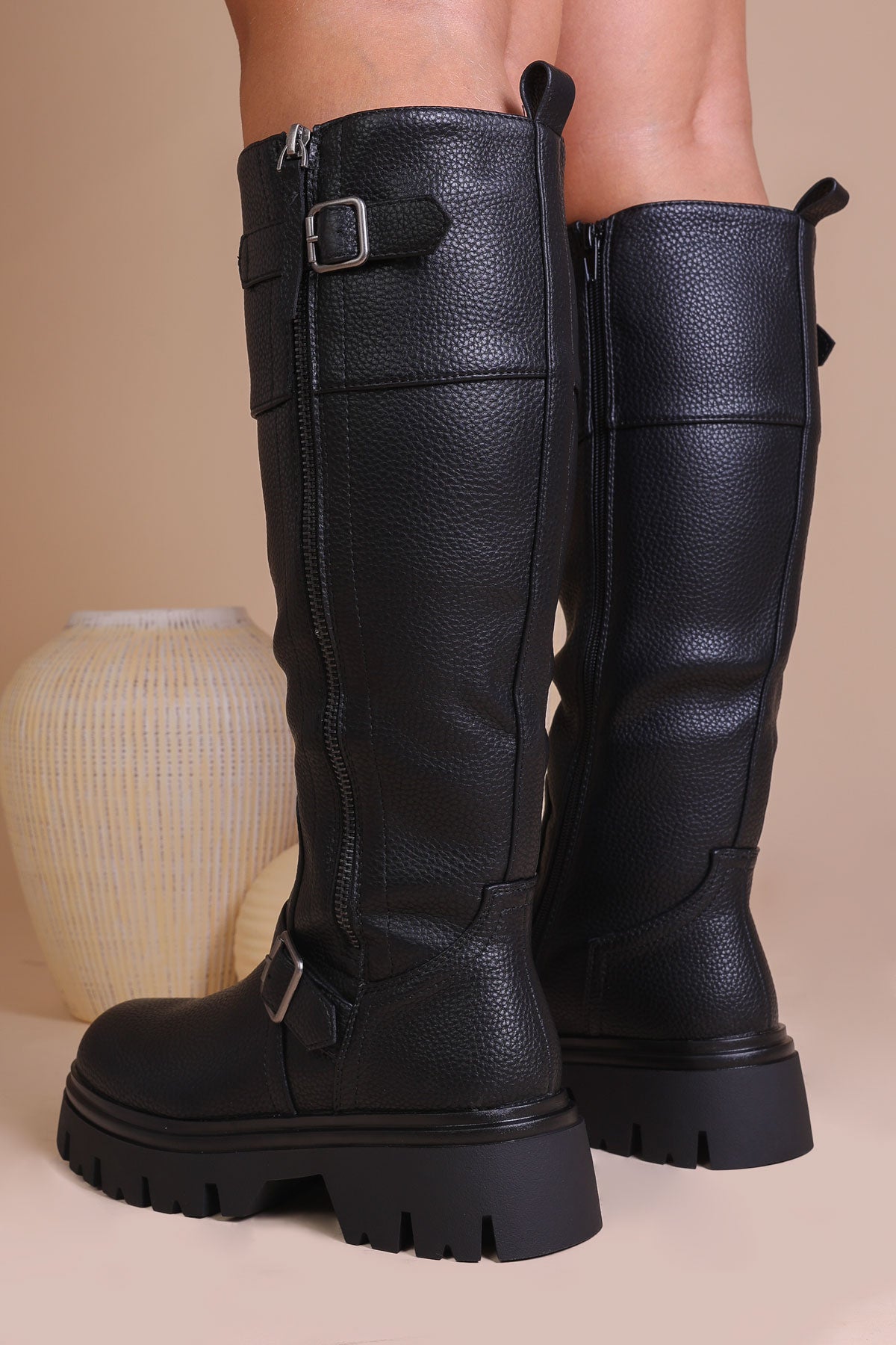 Womens Black Faux Leather Chunky Lug Sole Zip Detail Knee High Biker womens-black-faux-leather-chunky-lug-sole-zip-detail-knee-high-biker