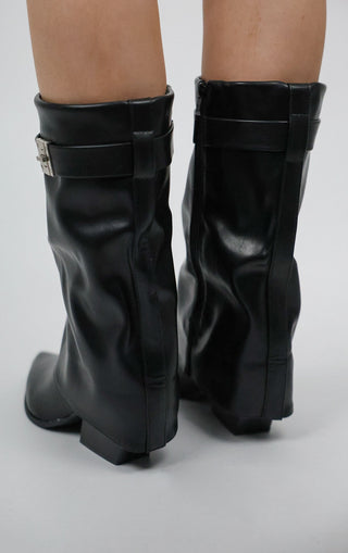 Black Fold Over Cowboy Lock Detail Calf Boots