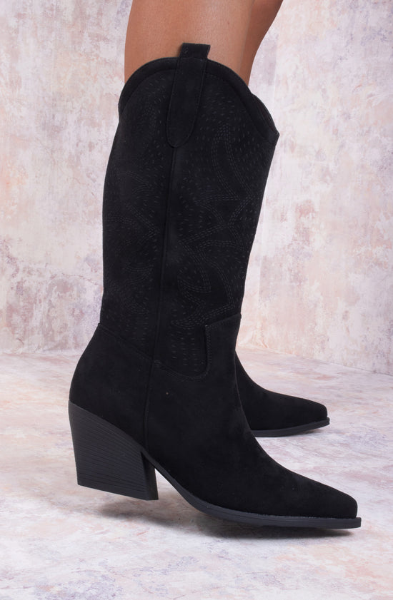 Black Almond Toe Mid Calf Embroidered Cowboy Boot