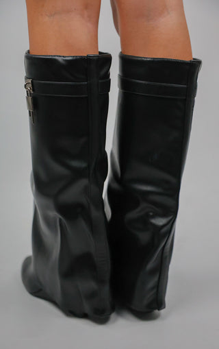 Black PU Padlock Knee High Fold Over Shark Boot