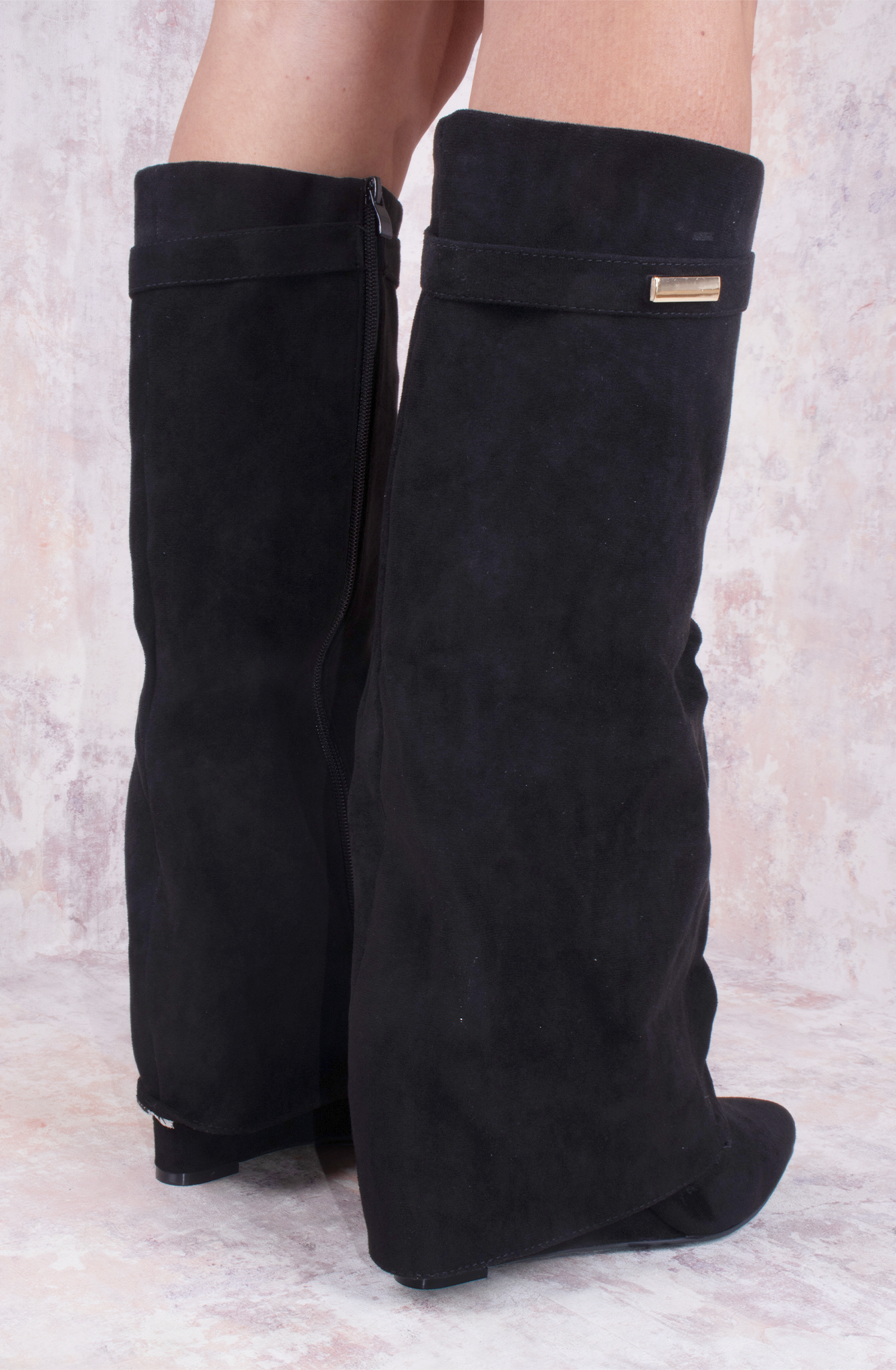 Black Faux Suede Fold Over Shark Classic Wedge Heel Buckle Knee High Boot