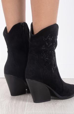 
            
                Load image into Gallery viewer, Black Rhinestone Suede Cowboy Ankle Boots
            
        
