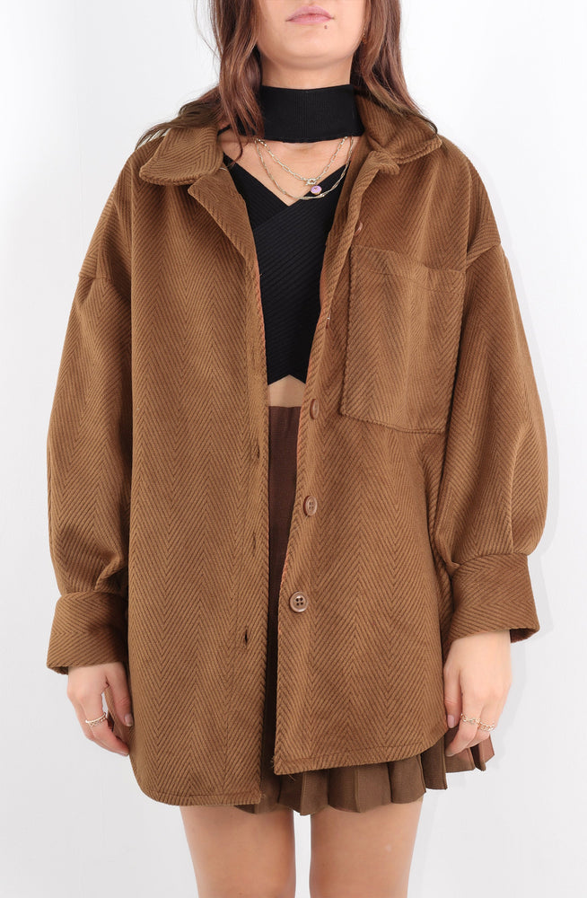 
            
                Load image into Gallery viewer, Brown geometric cord button down shacket pocket detail
            
        