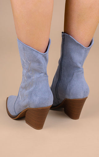 Blue Faux Suede Embroidered Western Pointed Toe Cowboy Boots