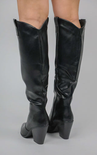 Black PU Leather Knee High Toe Cap Cowboy Boot