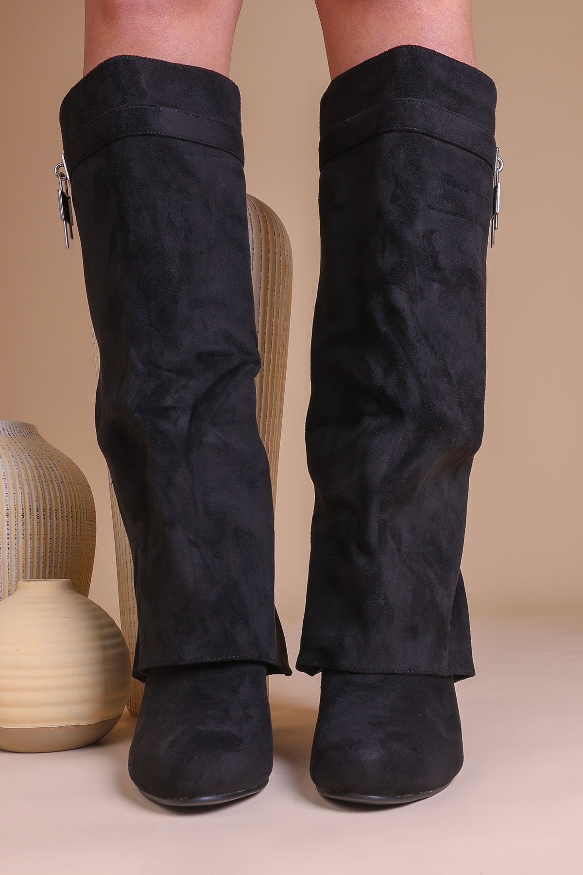 Womens Black Faux Suede Fold Over Wedge Knee-High Lock Buckle Boots ...