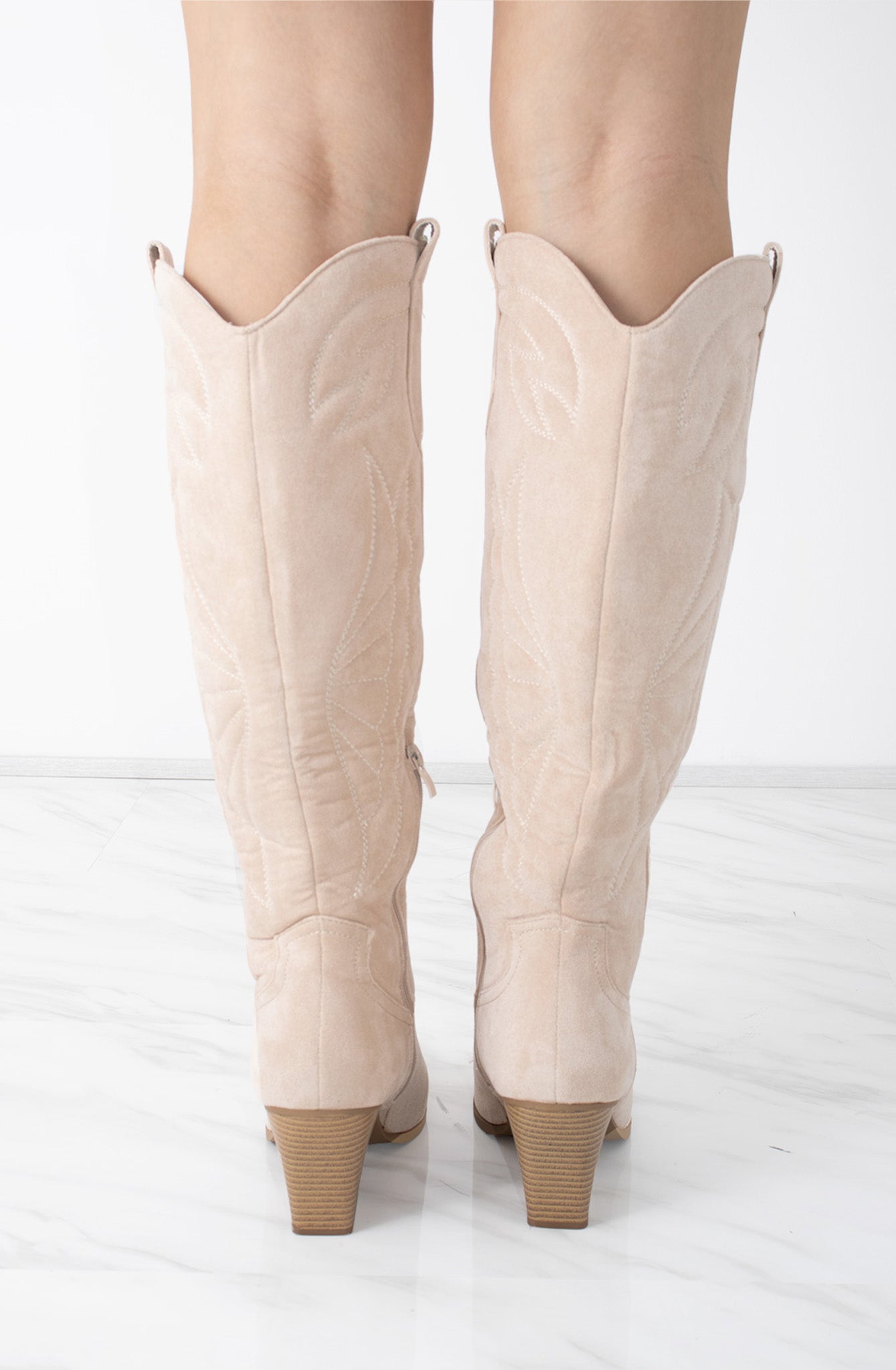 Load image into Gallery viewer, Beige Faux Suede Knee High Block Heel Cowboy Boots
