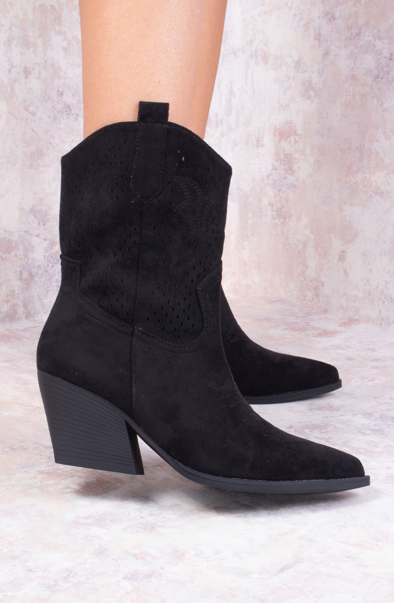 Black Almond Toe Ankle Embroidered Cowboy Boot