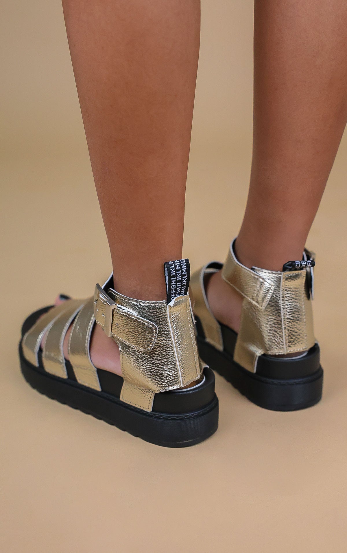 Womens Gold Faux Leather Chunky Gladiator Sandal Miss Moda Luxe