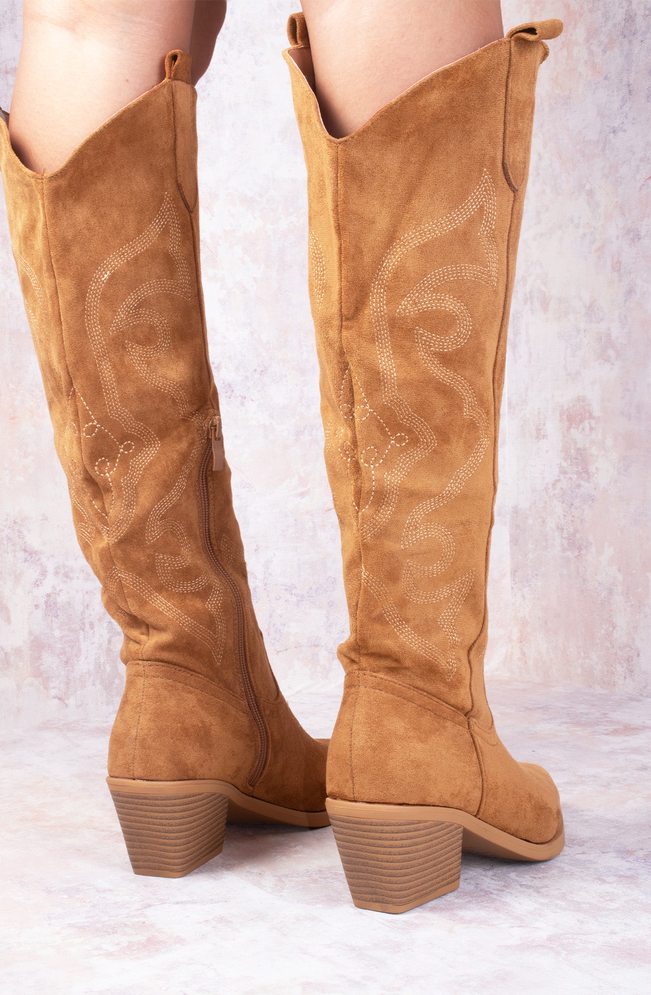 Camel Knee High Embroidery Faux Suede Cowboy Boot