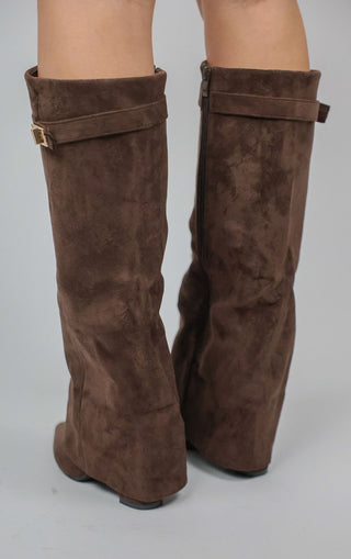 Brown Faux Suede Fold Over Shark Classic Buckle Knee High Boot