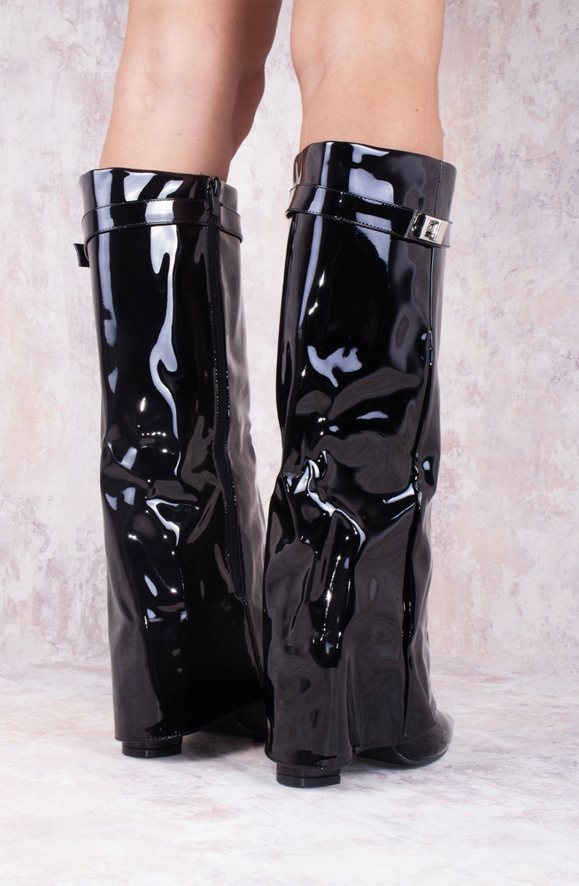 Black Patent Leather Fold Over Shark Classic Buckle Knee High Boot