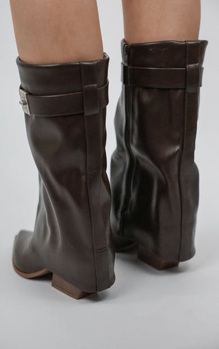 Brown Fold Over Cowboy Lock Detail Calf Boots