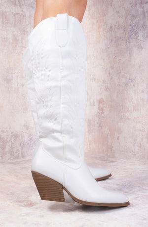 White PU Leather Western Style Knee High Cowboy Boot