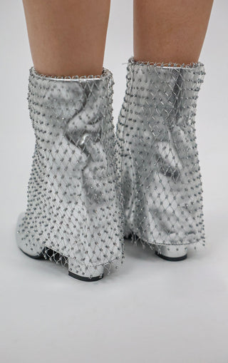 Silver Fold Over Ankle Diamante Fishnet Shark Boot