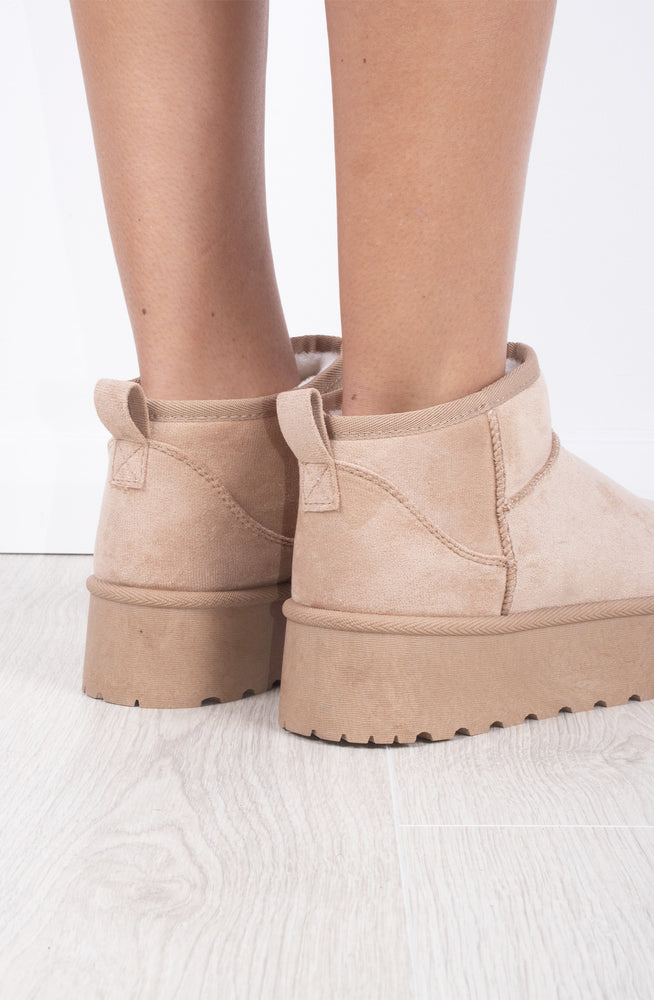 
            
                Load image into Gallery viewer, Beige Faux Suede Ultra Mini Ankle Ribbed Sole Platform Boots
            
        