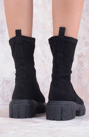 
            
                Load image into Gallery viewer, Black Faux Suede Ankle Sock Boot
            
        