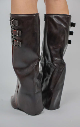 Wine Knee High Fold Over Buckle Boots