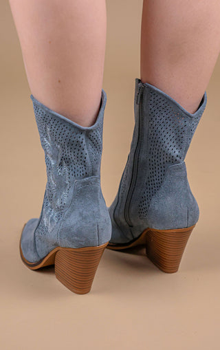 Blue Faux Suede Embroidered Western Pointed Toe Cut Out Cowboy Boots