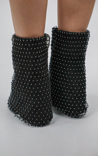 Black Fold Over Ankle Diamante Fishnet Shark Boot