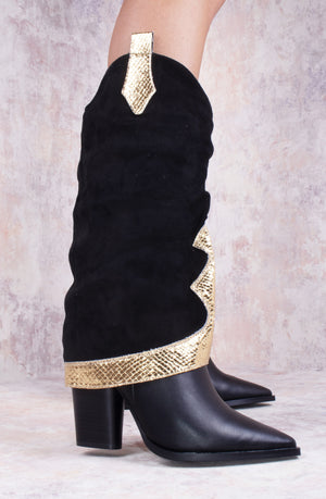 
            
                Load image into Gallery viewer, Black Gold Shark Fold Over Tab Detail Cowboy Boots
            
        