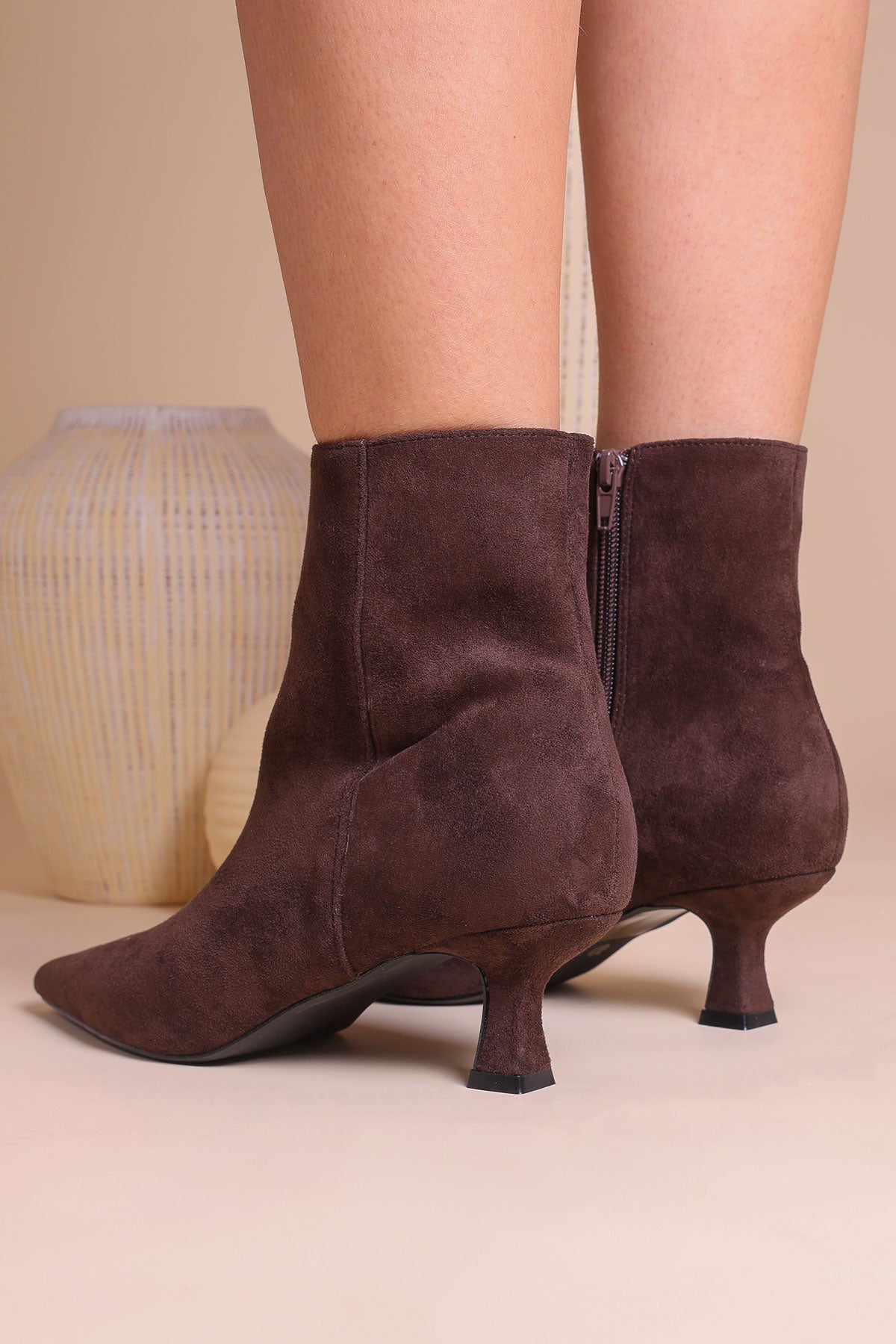 Womens Brown Faux Suede Pointed Toe Kitten Heel Ankle Boots Miss