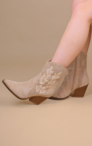 Beige Faux Suede Embroidered Western Pointed Toe Cut Out Cowboy Boots