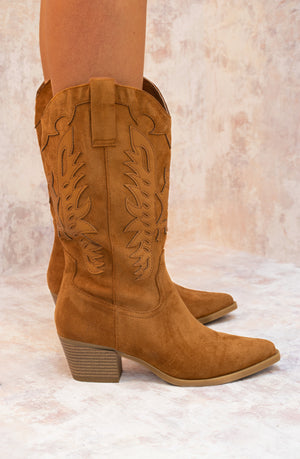 
            
                Load image into Gallery viewer, Camel Suede Cowboy Mid Calf Length Boots
            
        