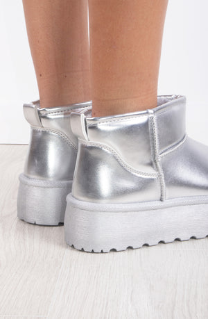 
            
                Load image into Gallery viewer, Silver Metallic Faux Leather Ultra Mini Ankle Ribbed Sole Platform Boots
            
        