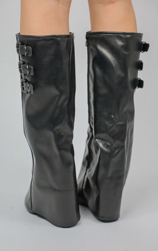 Black PU Leather Fold Over Shark Classic Buckle Knee High Boot