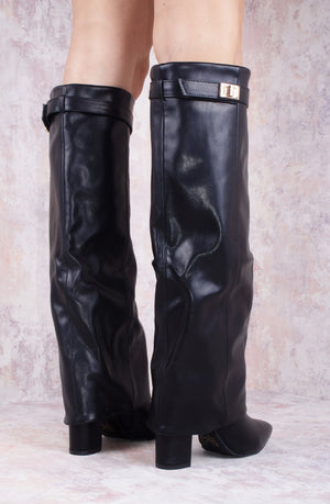 Black Leather Fold Over Shark Velcro Buckle Knee High Boot