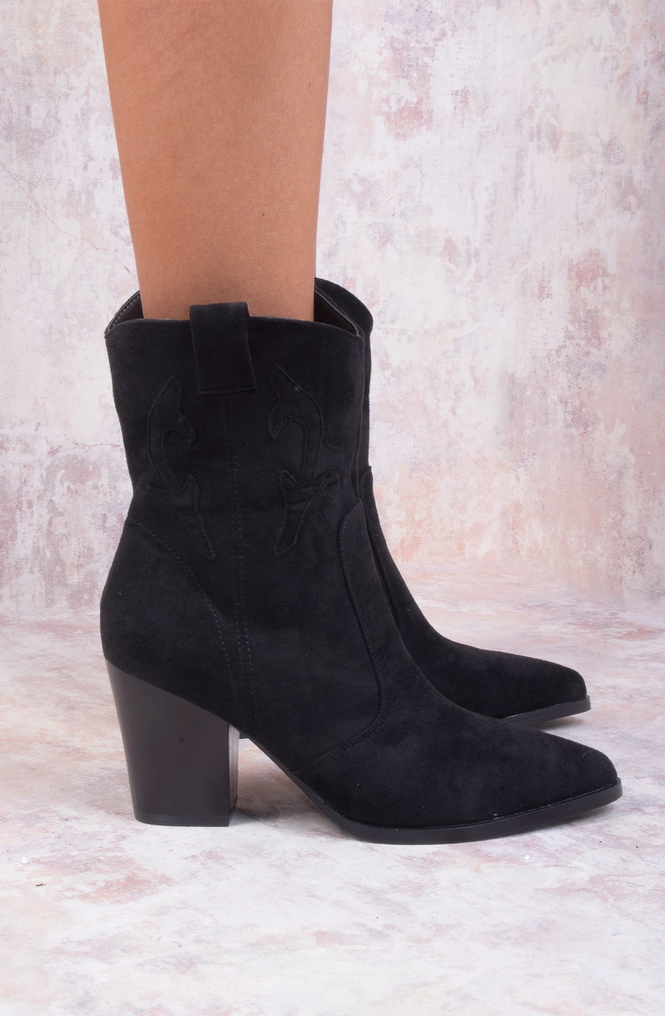 Black Classic Faux Suede Cowboy Heeled Boot