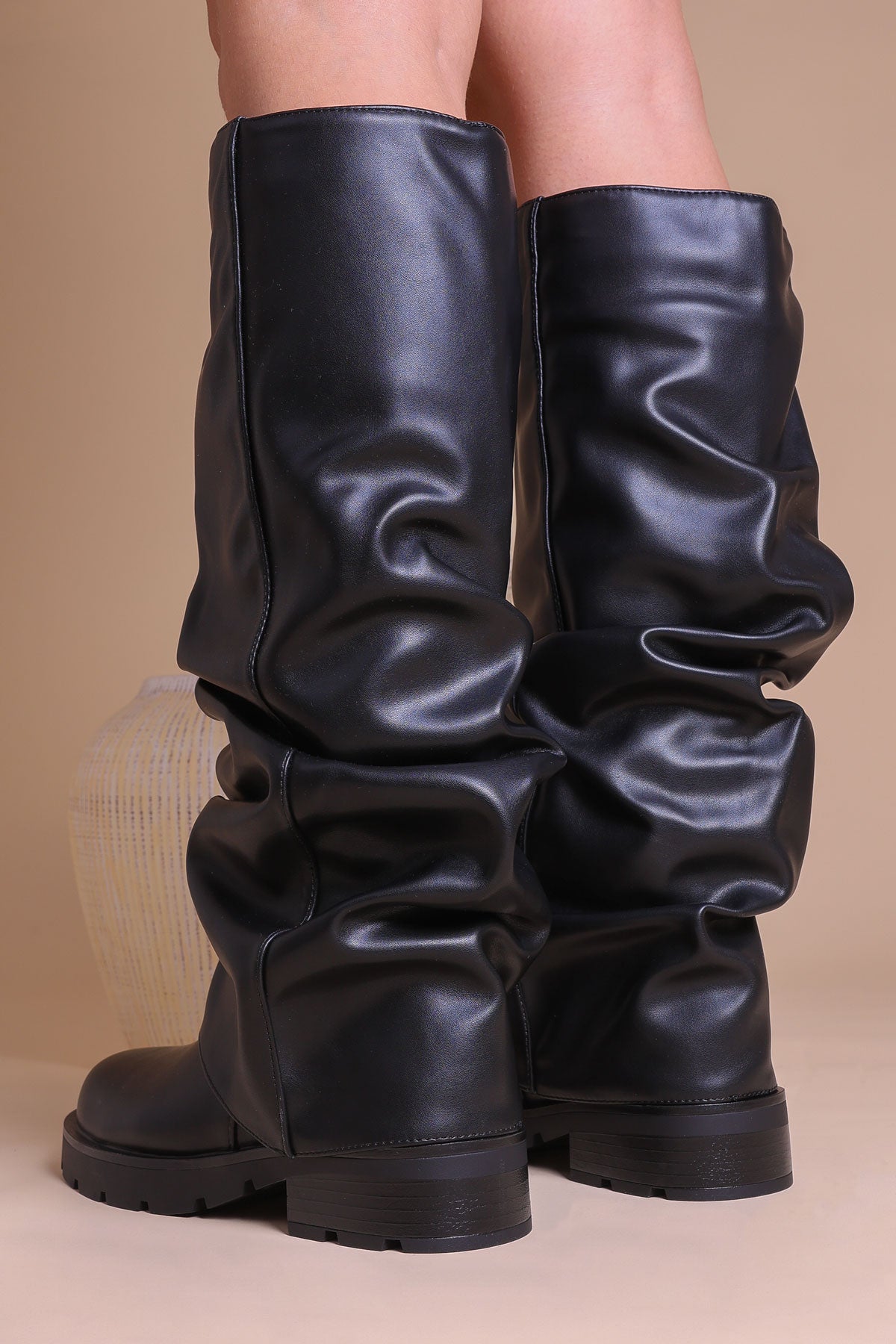Womens Black PU Chunky Slouchy Rushed Knee-High Boots Miss Moda Luxe