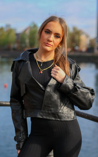 Black Cropped Buckle Design PU Leather Jacket