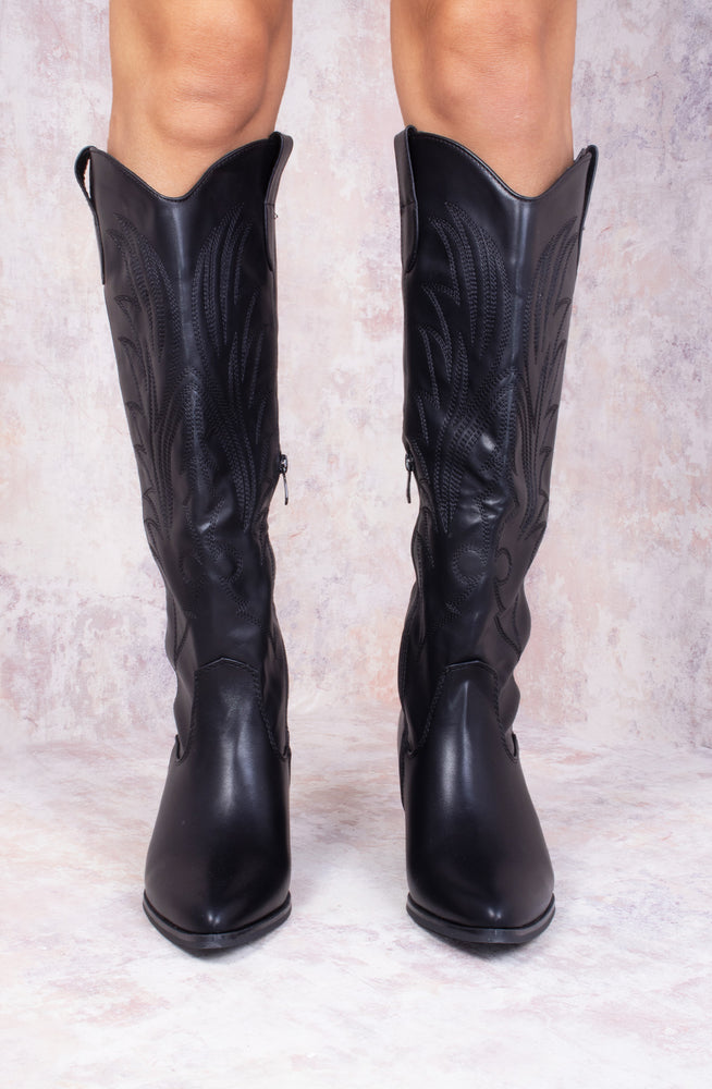 Black PU Leather Western Style Knee High Cowboy Boot