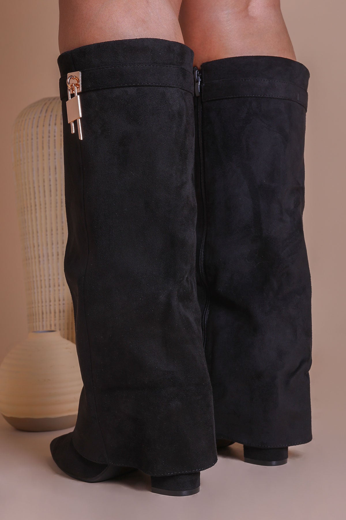 Boot Lock Matchine Womens Black Faux Suede Fold Over Shark Knee-High Lock Buckle Boots ...