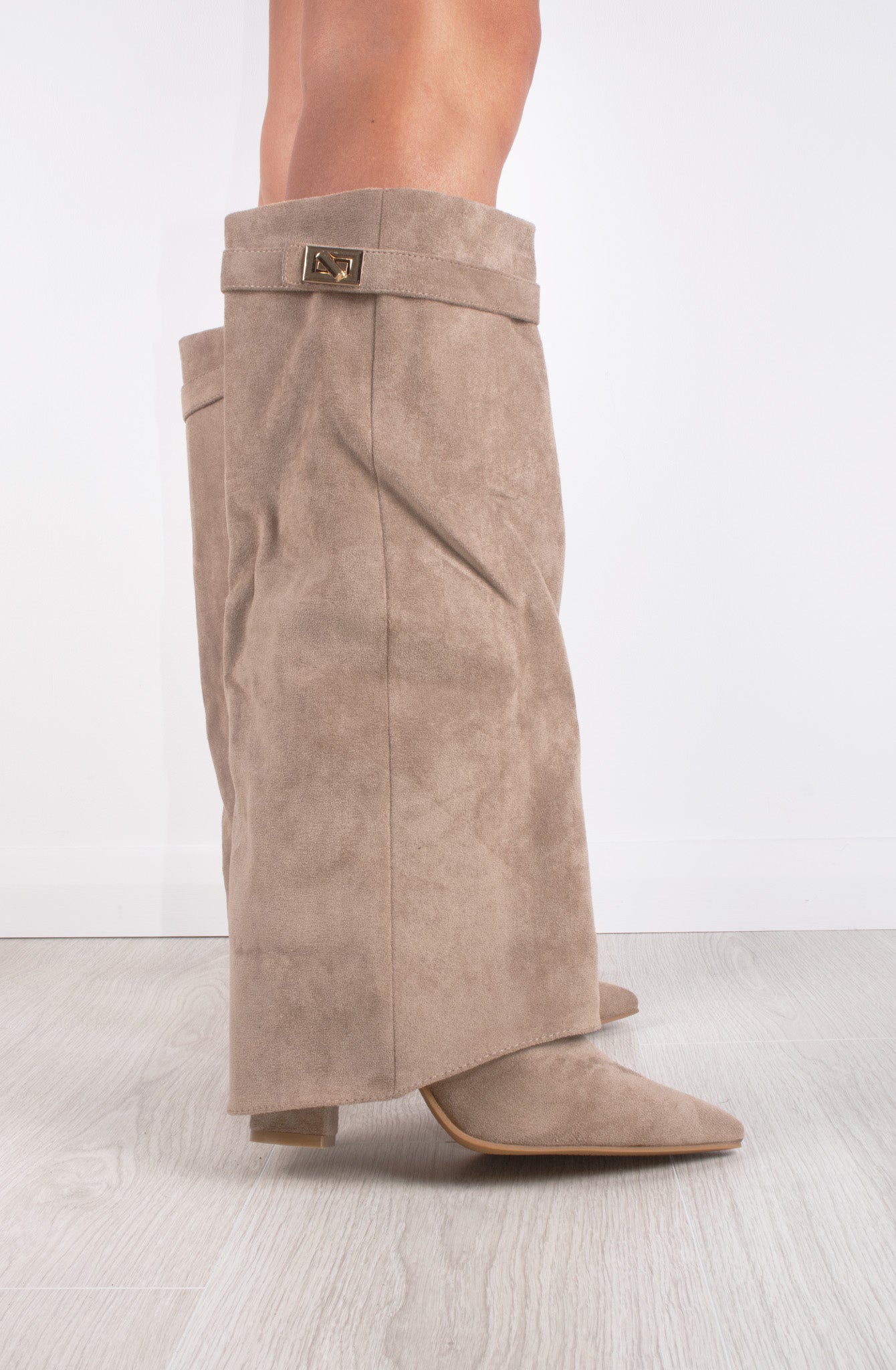Load image into Gallery viewer, Taupe Faux Suede Fold Over Shark Classic Buckle Knee High Boot
