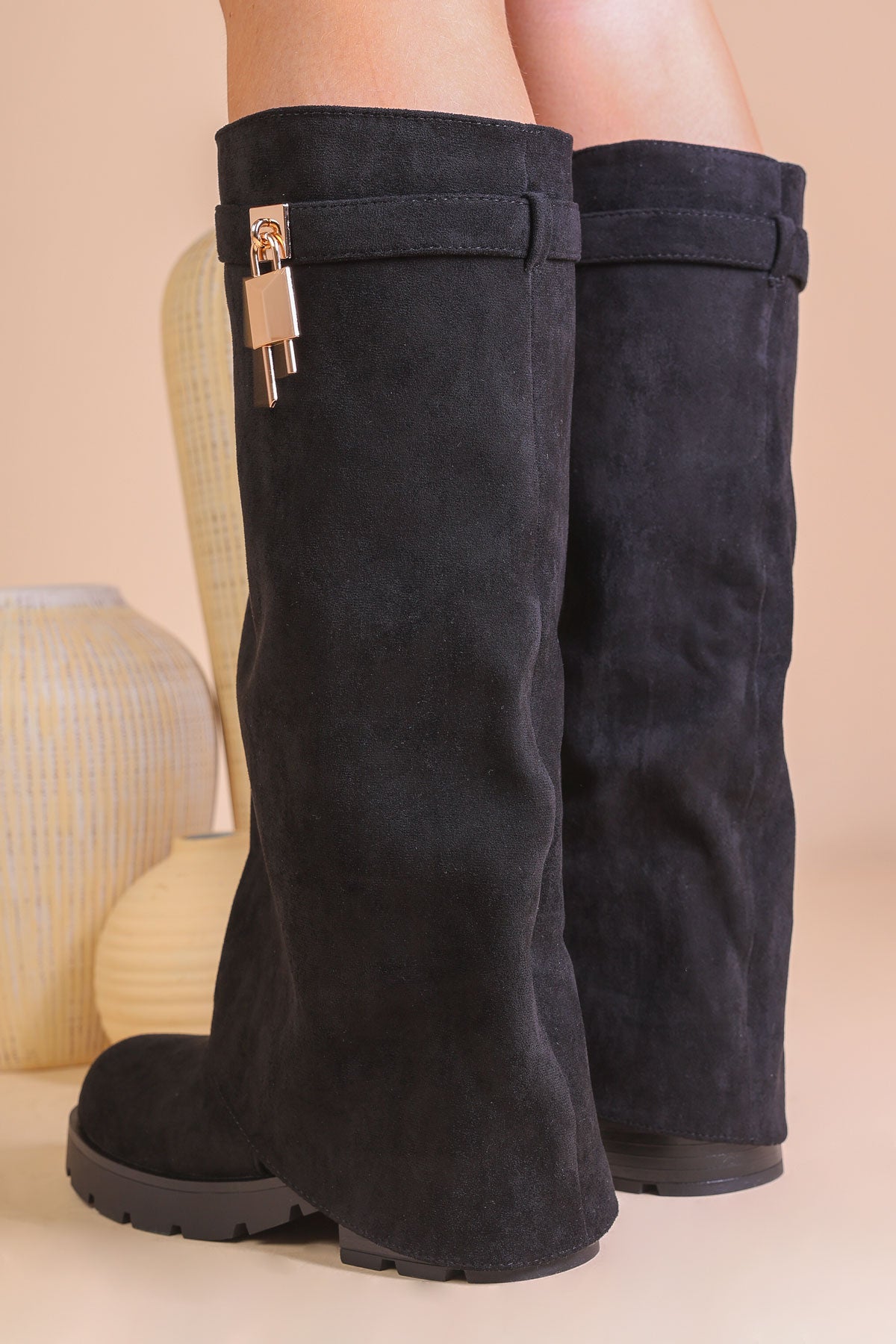 Boot Lock Matchine Womens Black Faux Suede Fold Over Shark Knee-High Lock Buckle Boots ...
