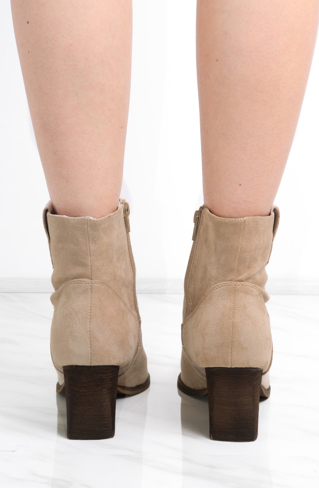Beige Faux Suede Heeled Ankle Boots