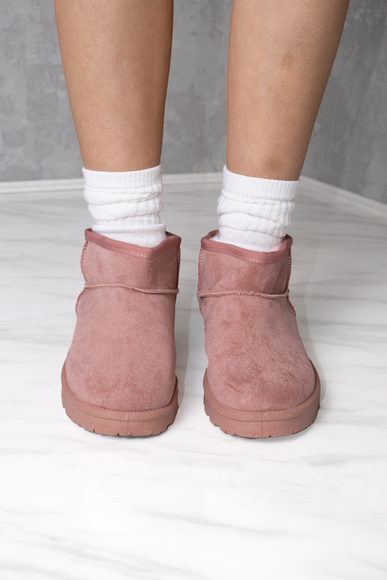 Ultra Mini Ankle Length Faux Fur Lining Cosy Boots In Pink Faux Suede