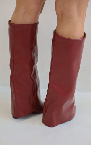 Wine Leather Fold Over Shark Classic Buckle Knee High Boot