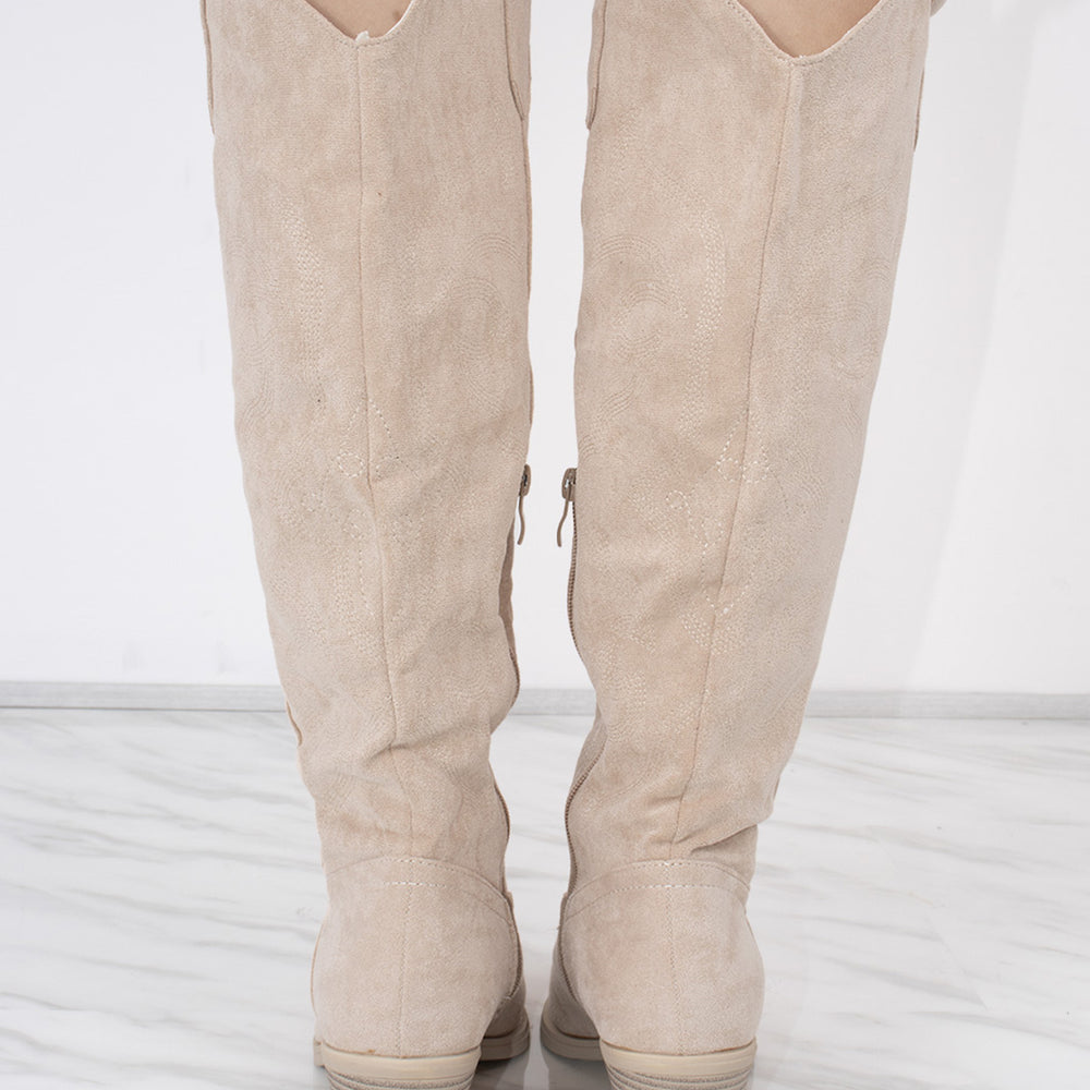 
                      
                        Beige Knee High Embroidery Faux Suede Cowboy Boot
                      
                    