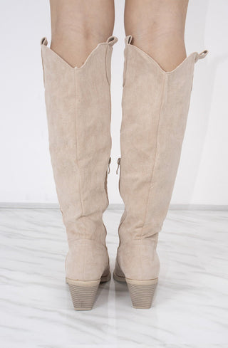 Beige Knee High Embroidery Faux Suede Cowboy Boot