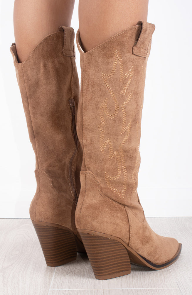 
            
                Load image into Gallery viewer, Camel Faux Embroidered Suede Knee High Block Heel Cowboy Boots
            
        