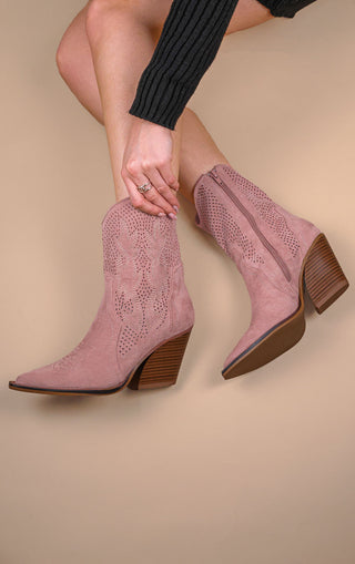 Pink Faux Suede Embroidered Western Pointed Toe Cut Out Cowboy Boots