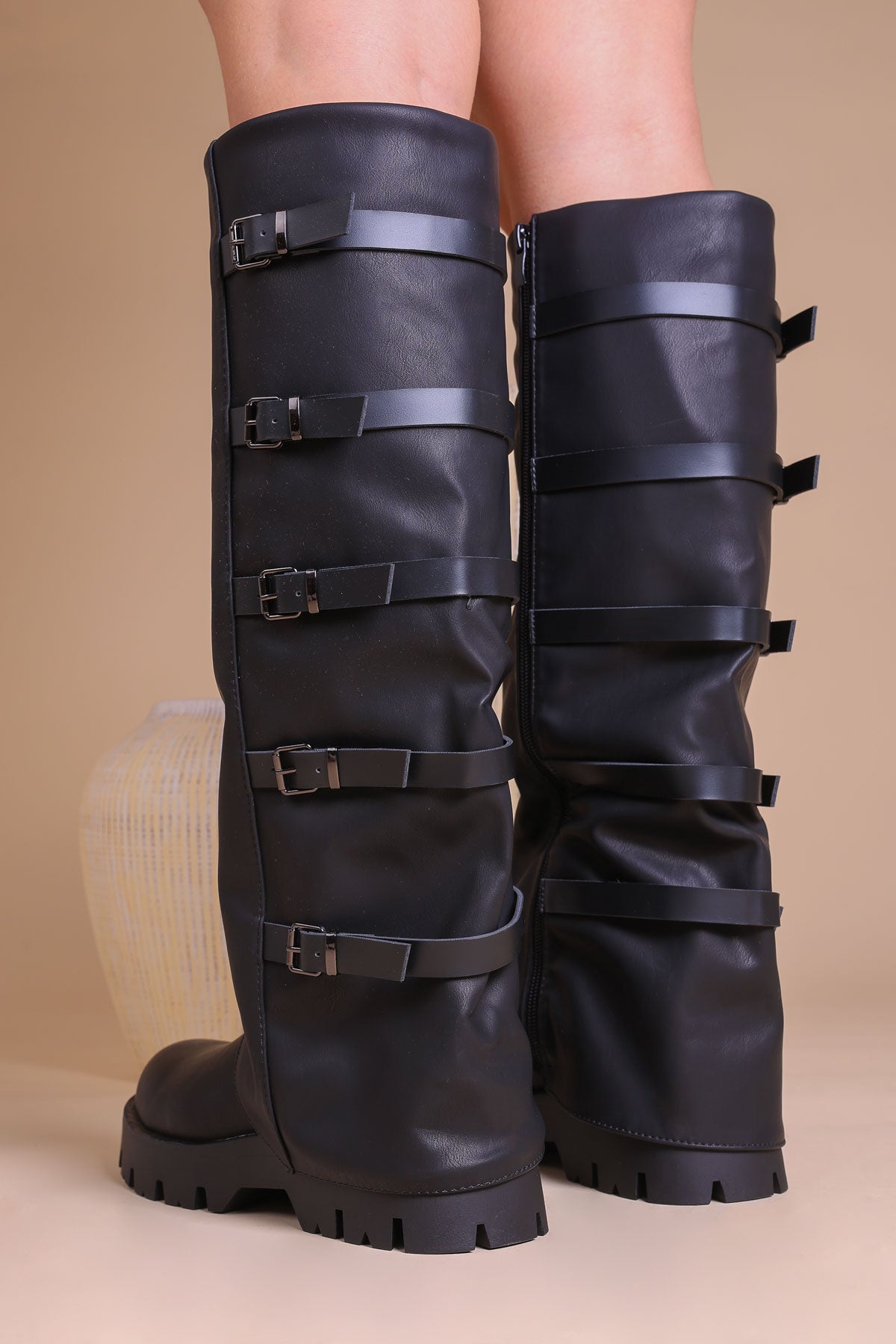 Womens Black Chunky Multi-Buckle Slouchy Knee-High Lug Sole Boots