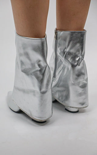 Silver Block Heel Fold Over Diamante Trim Ankle Shark Boots