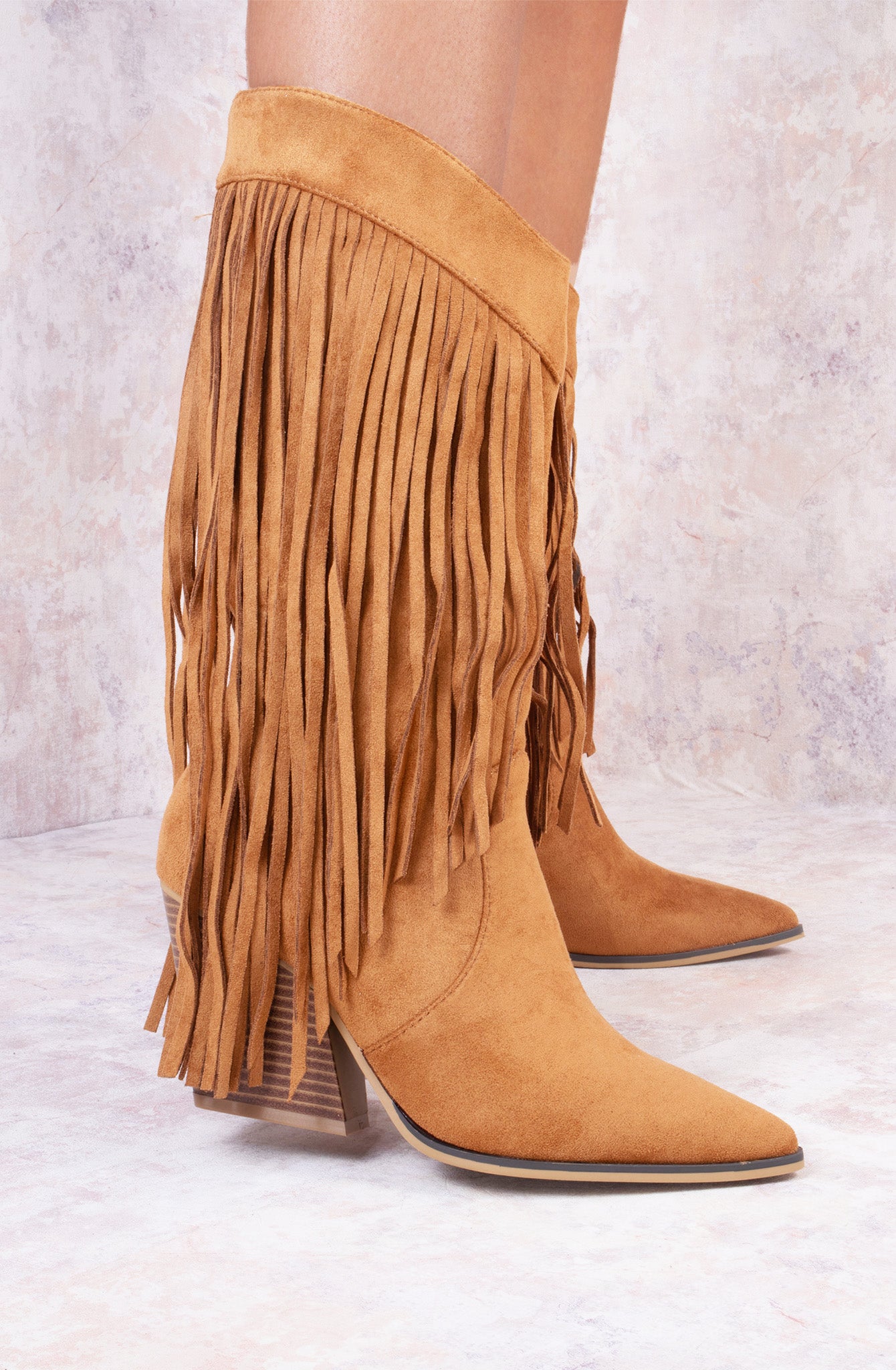 Load image into Gallery viewer, Camel Mid Calf Length Western Faux Suede Fringe Cowboy Boot
