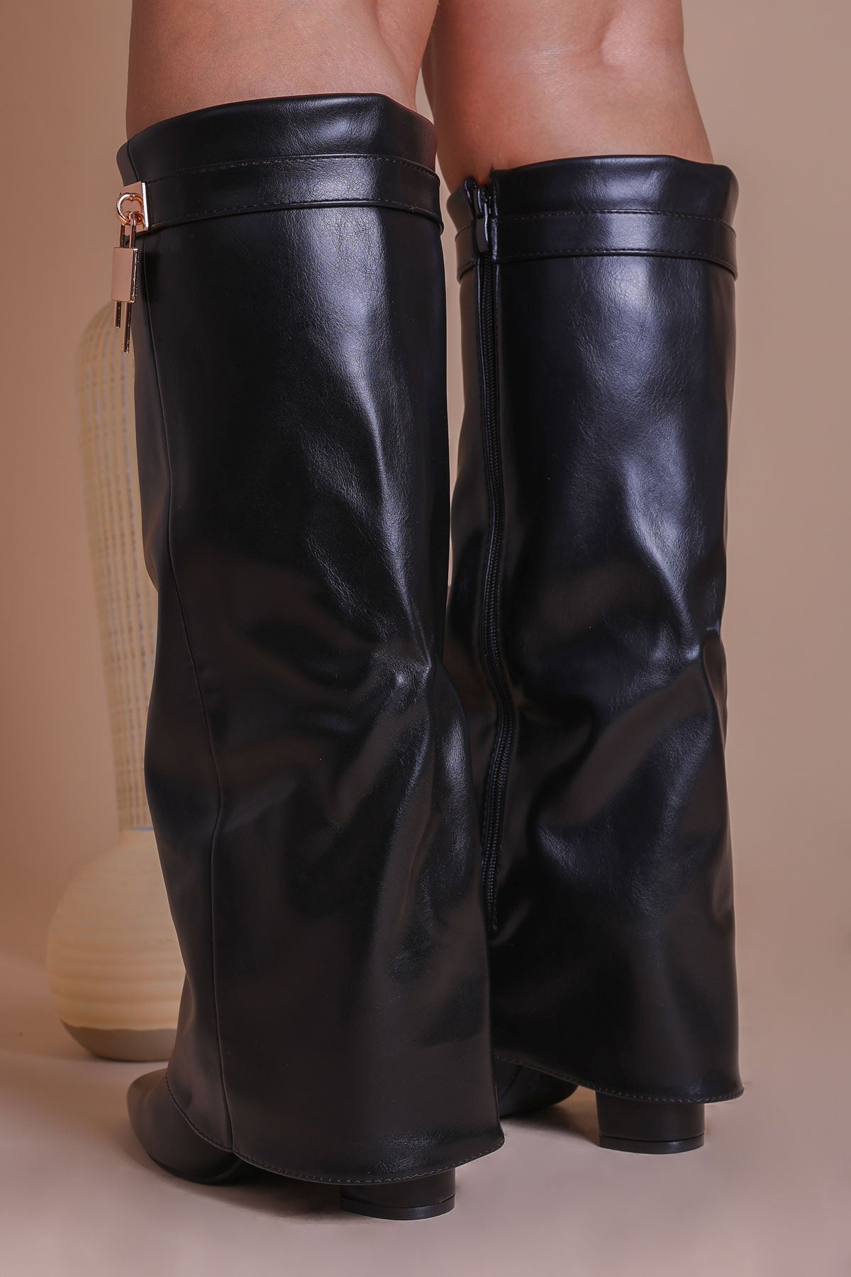Womens Black Fold Over Shark Knee-High Lock Buckle Boots - Miss